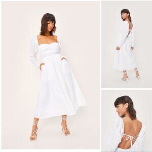 Nastygal Dress Womens 10 White Midi Ruched Tie Back‎ Backless Peasant Boho Puff